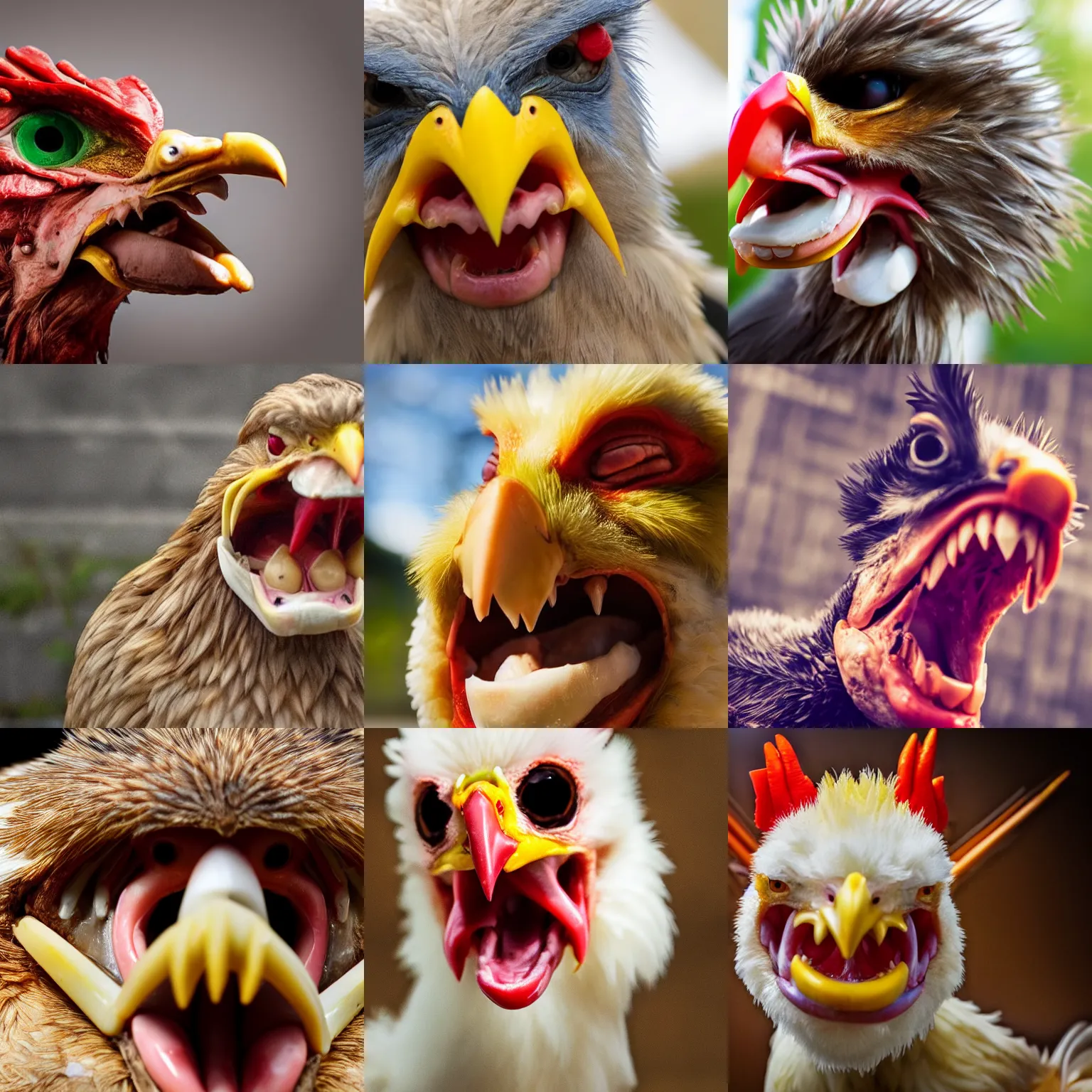 Prompt: Angry chicken with human teeth, teeth, low angle shot