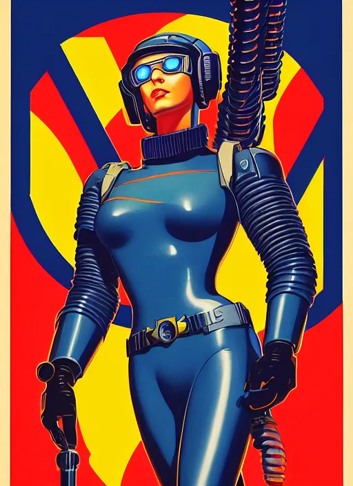 Image similar to american propaganda poster. cyberpunk pilot. portrait by jean giraud and anton otto fischer and john philip falter and will eisner and gil elvgren and pixar. full body. realistic proportions. science fiction d & d. overwatch, rb 6 s, cyberpunk 2 0 7 7, blade runner 2 0 4 9. cel shading. thick lines.