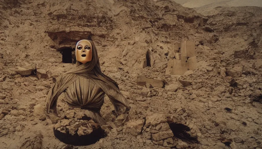 Prompt: levitating bene gesserit with full - face golden mask in a dry rocky desert landscape, alien ruins designed by giger, giant abandoned alien city by alejandro jodorowsky, anamorphic lens, kodakchrome, practical effects, masterpiece, 8 k