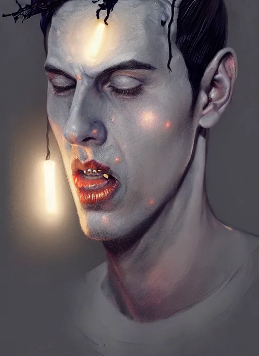 Image similar to portrait of zombie jughead jones wearing a light grey crown, photorealistic, zombie, crown, eyes closed, crown, black hair, intricate, elegant, glowing lights, highly detailed, digital painting, artstation, concept art, sharp focus, illustration, art by wlop, mars ravelo and greg rutkowski