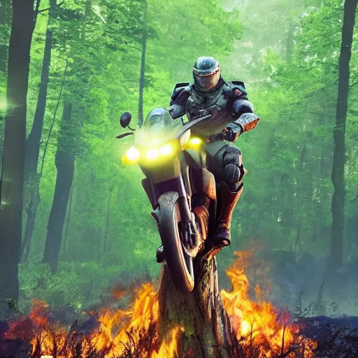 Prompt: master chief riding a tree in the middle of a forest while thr forest is burning down