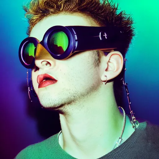 Image similar to kodak portra 1 6 0 photograph of a skinny nerdy goth guy with wild hair wearing goggles and eclectic jewelry, moody lighting, telephoto, 9 0 s vibe, rave background, vaporwave colors, faded!,