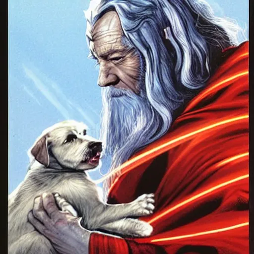 Prompt: comic book cover for'gandalf vs a puppy ', art by alex ross