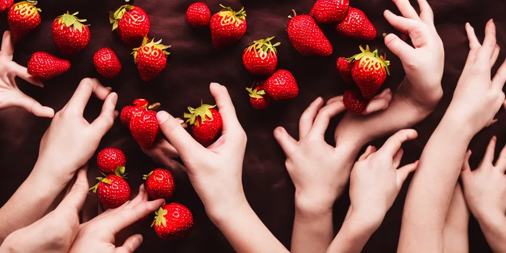 Image similar to a shocking and clearn photo of hands with way to many long creepy fingers reaching for little strawberries and chocolate with dramatic romantic lighting