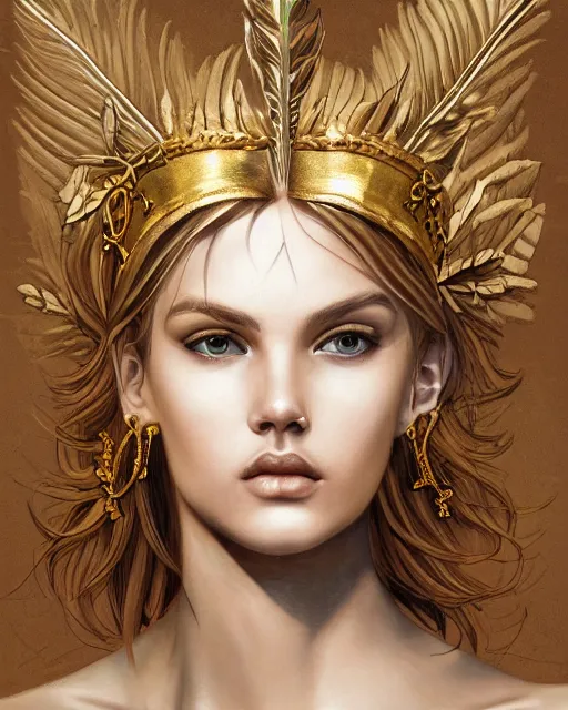 Image similar to front view of beautiful super model aphrodite greek goddess wearing a gold laurel wreath and triangle earrings, realism tattoo sketch, beautiful piercing gaze with sharp pupils, beautiful blonde hair, in the style of greg rutkowski, fantasy, amazing detail, epic, elegant, smooth, sharp focus