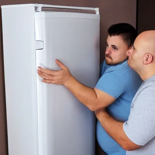 Image similar to obese landlords inspecting tenant refrigerator at night, surveillance camera