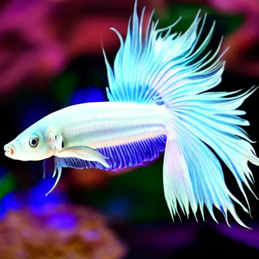 Prompt: a graceful iridescent white betta fish with long swirling fins, black-water-background, aquarium-photo