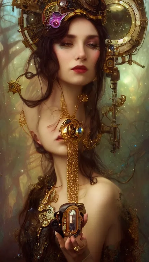 Image similar to hyper realistic photographer taking a picture, magical, gems, jewels, gold, steampunk, cyberpunk, painted by tom bagshaw, mucha, gaston bussiere, craig mullins, j. c. leyendecker 8 k