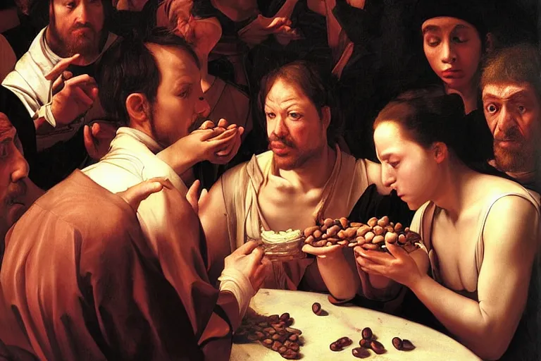 Image similar to a man eating beans in a crowded movie theater lit by the theater screen, a digital renaissance painting by artgerm by caravaggio and face by wlop