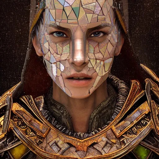 Prompt: hyperrealistic mixed media image of magic mosaic stained glass armor skyrim, stunning 3 d render inspired art by greg rutkowski and xiang duan and thomas eakes, perfect facial symmetry, flesh texture, realistic, highly detailed attributes and atmosphere, dim volumetric cinematic lighting, 8 k octane detailed render, post - processing, masterpiece,