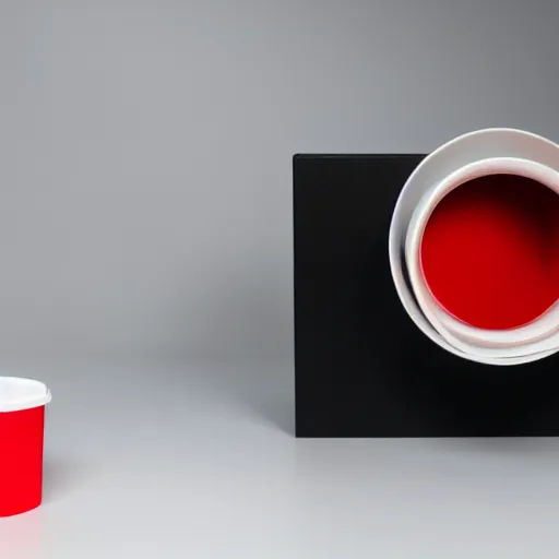 Prompt: an ultra high definition professional studio photograph, 5 0 mm f 1. 4 iso 1 0 0. the photo is set in a plain empty white studio room with a plain white plinth centrally located. the photo depicts an object on the plinth in the centre of the image. the object is a red cup. three point light.