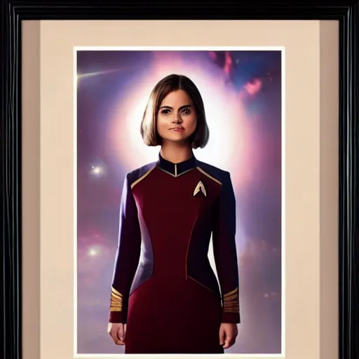 Image similar to a beautiful full body photograph of younger jenna coleman as a star fleet officer from star trek next generation, full dress uniform, symmetrical face, extreme realism and detail, 8 k, completely framed, direct lighting, 3 5 mm photo, photorealistic, sharp focus