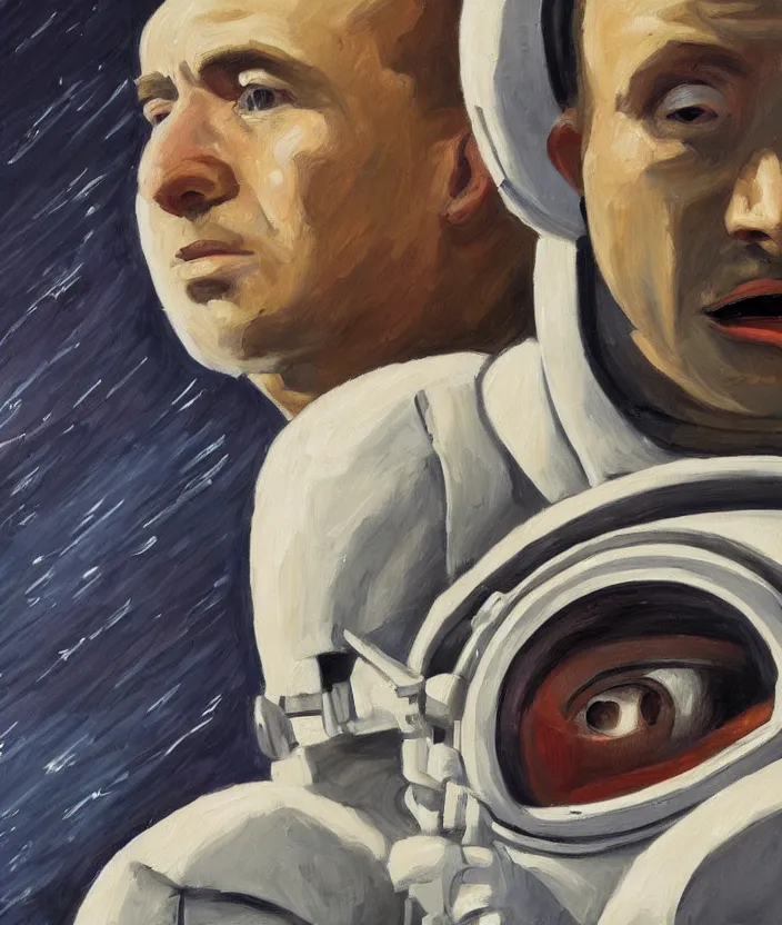 Prompt: a close up portrait painting of a man in an astronaut suit, the man is screaming and sad, highly detailed facial details, face close up, aesthetic architecture in the background, in the style of edward hopper, fine brush strokes, 4 k,