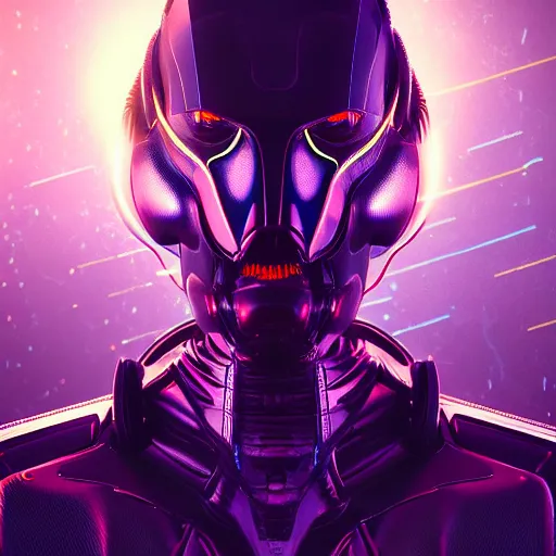 Image similar to synthwave cyborg wasp, detailed face, sharp focus, synthwave art, aesthetic, octane render, raw, cinematic