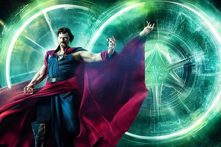 Image similar to photograph of the hulk wearing doctor strange's cape, straining his muscles, on a background full of magic, photography, dramatic, cinematic