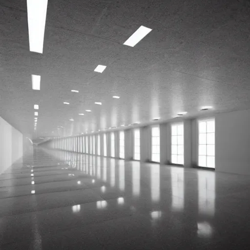 Image similar to dystopian underground prison, white walls, shiny floors, minimalist, stunning, light and shadows, catwalks