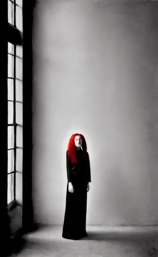 Image similar to portrait of a girl with long red hair, very beautiful style, girl standing in a black room by a window, wearing a gold suit, photorealism, deborah lou turbeville,