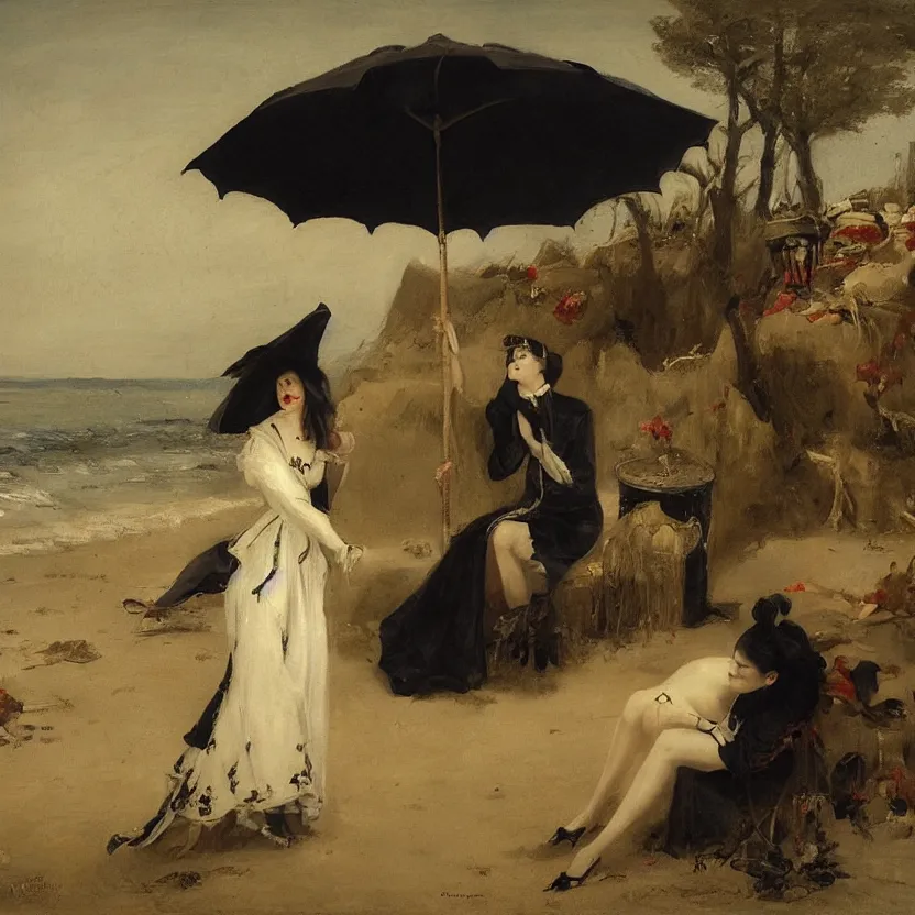 Image similar to portrait of a beautiful and grim vampire queen under a large beach umbrella being splashed by water suddenly by William-Adolphe Bouguerea