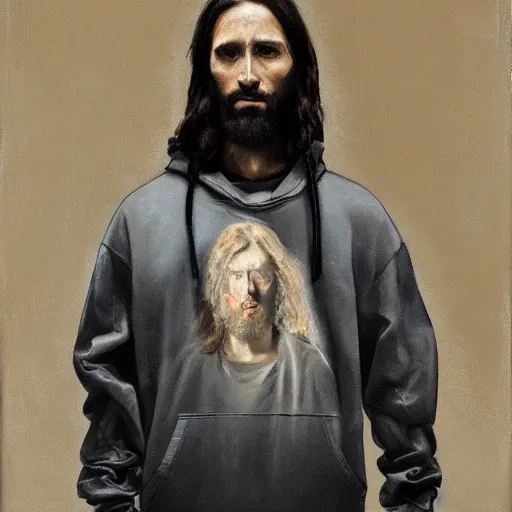 Image similar to a portrait of modern day jesus wearing hypebeast streetwear hoodie and pants by nicola samori, oil painting, realistic, 8 k, fear of god style