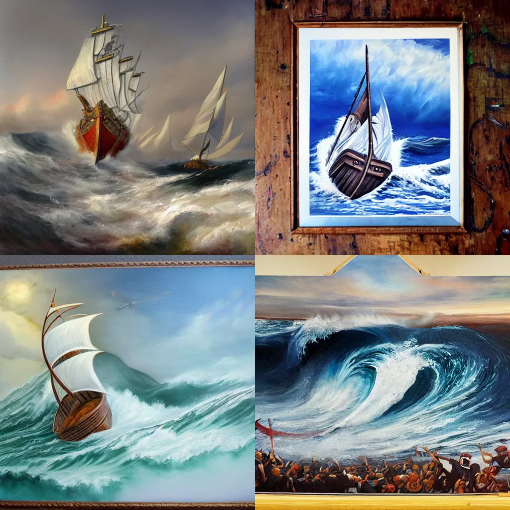 Prompt: a viking ship on huge waves painting