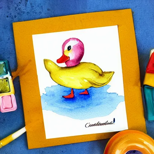 Prompt: watercolor yellow duck with party horn, cute illustration by claudia gadotti