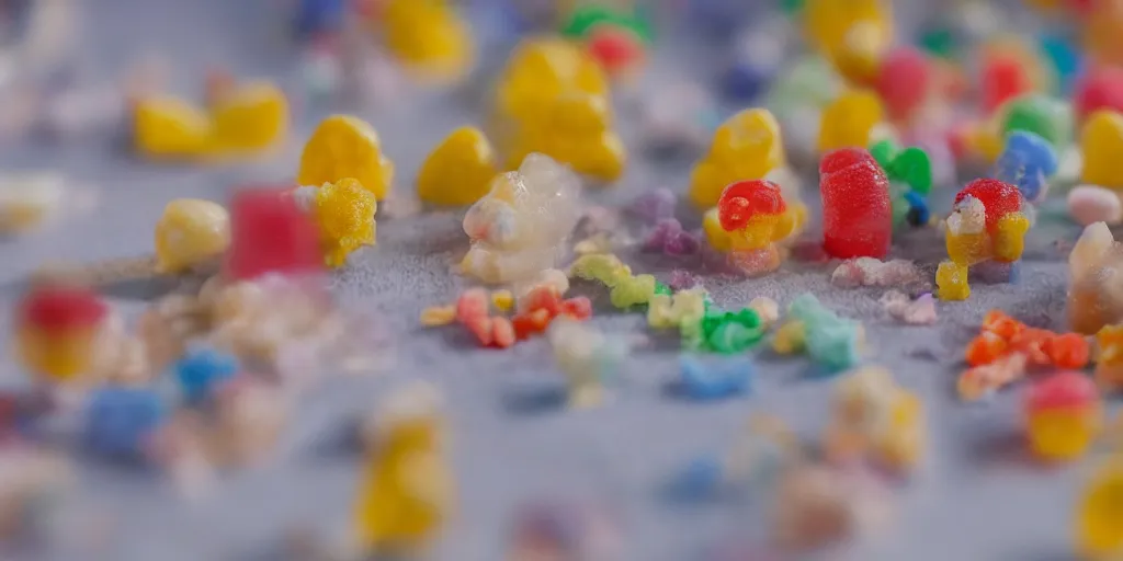 Prompt: a cinematic film still of a claymation stop motion film about a town made of lemons and candy, shallow depth of field, 8 0 mm, f 1. 8