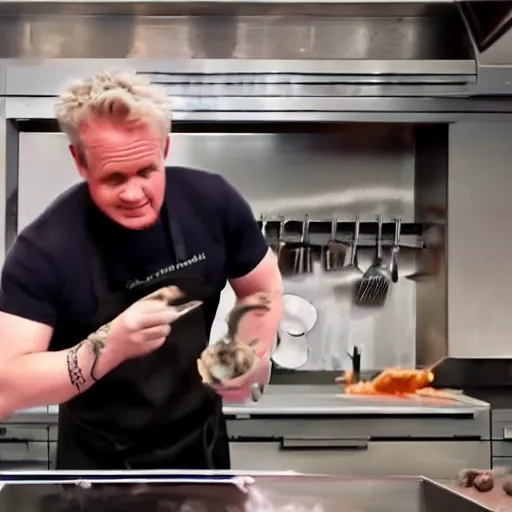 Image similar to hyper real Gordon Ramsey cooking a unicorn in kitchen 4k