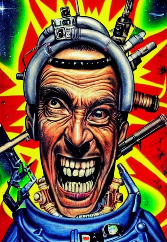 Image similar to one famous person, simple, subgenius, x - day, aliens, weird stuff, occult stuff, guns and firepower, illuminati, colorful, hyperrealism, stage lighting