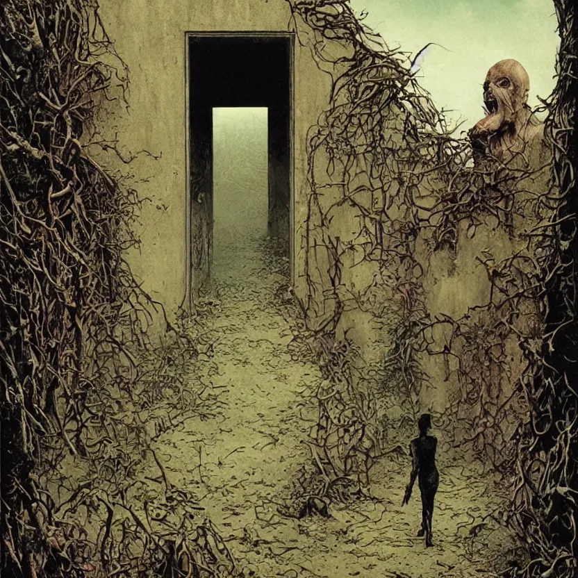 Image similar to an entrance to an abandoned theme park, by richard corben, zdzisław beksinski. goosebumps cover art. pulp horror art.