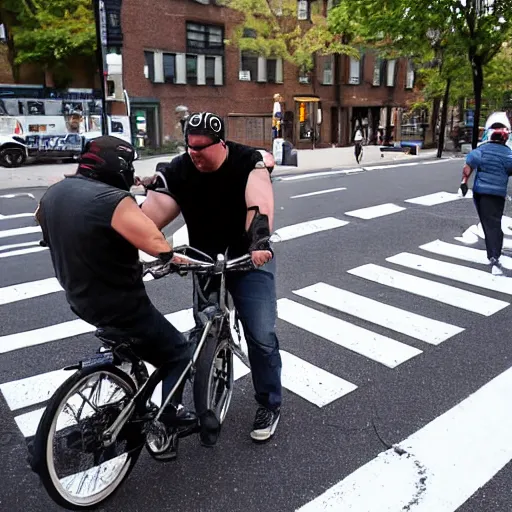 Prompt: a biker in manhattan using pepper spray against a new jersey driver in the bike lane