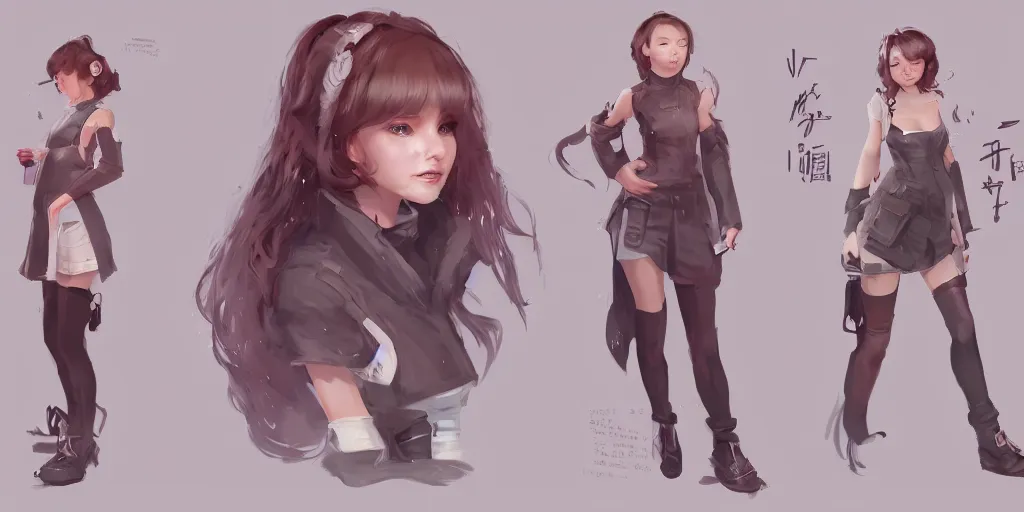 Image similar to character sheet of a incredibly cute and lovely girl, digital art by wlop. character design concept art. artstation contest winner, blade runner, scifi, candy girl