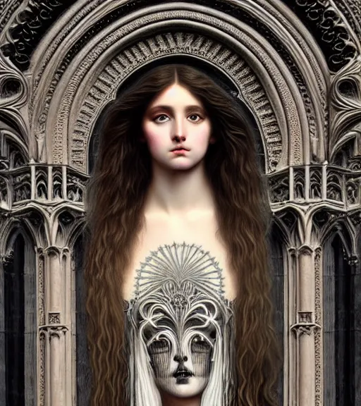 Image similar to hyperrealistic detailed face portrait of a beautiful long haired young goddess morphing into a gothic cathedral, authentic ornamental architecture, art by ernst haeckel, john william godward, android jones, h. r. giger, gothic, neo - gothic, heavily ornamental,