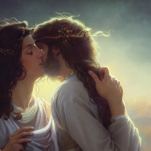 Image similar to jesus kissing a maria maddalena, intricate, elegant, highly detailed, digital painting, artstation, concept art, matte, sharp focus, illustration, art by artgerm and greg rutkowski and alphonse mucha