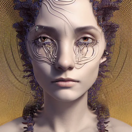 Prompt: beatifull frontal face portrait of a woman, mandelbrot fractal, intricate, elegant, highly detailed, ornate, ornament, sculpture, elegant , luxury, beautifully lit, ray trace, octane render in the style of Gerald Brom and peter Gric