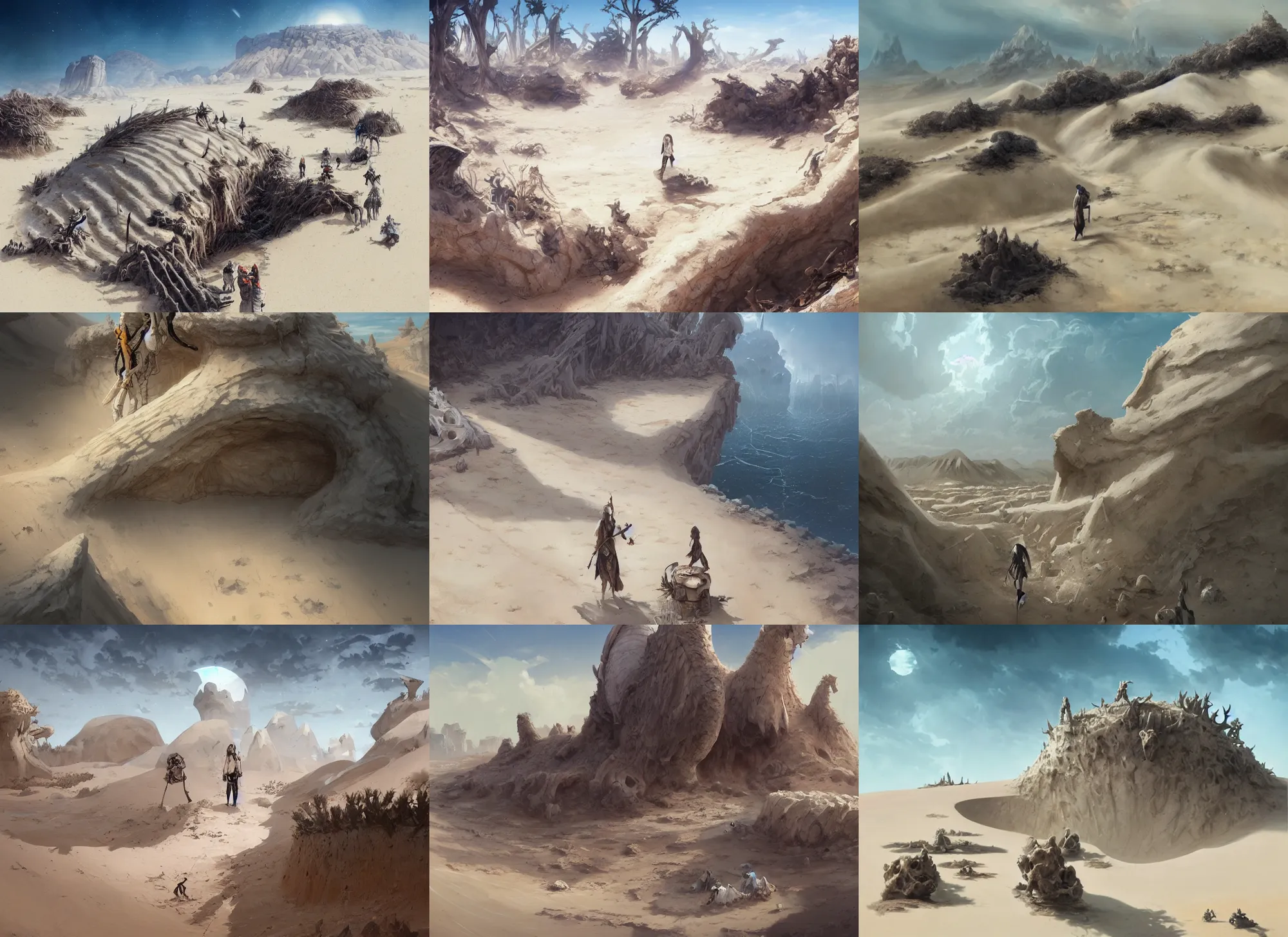 Prompt: Bone desert. White sand dunes. Human and animal bones. blindingly bright, sinkholes, anime, a fantasy digital painting by Greg Rutkowski and James Gurney, trending on Artstation, highly detailed