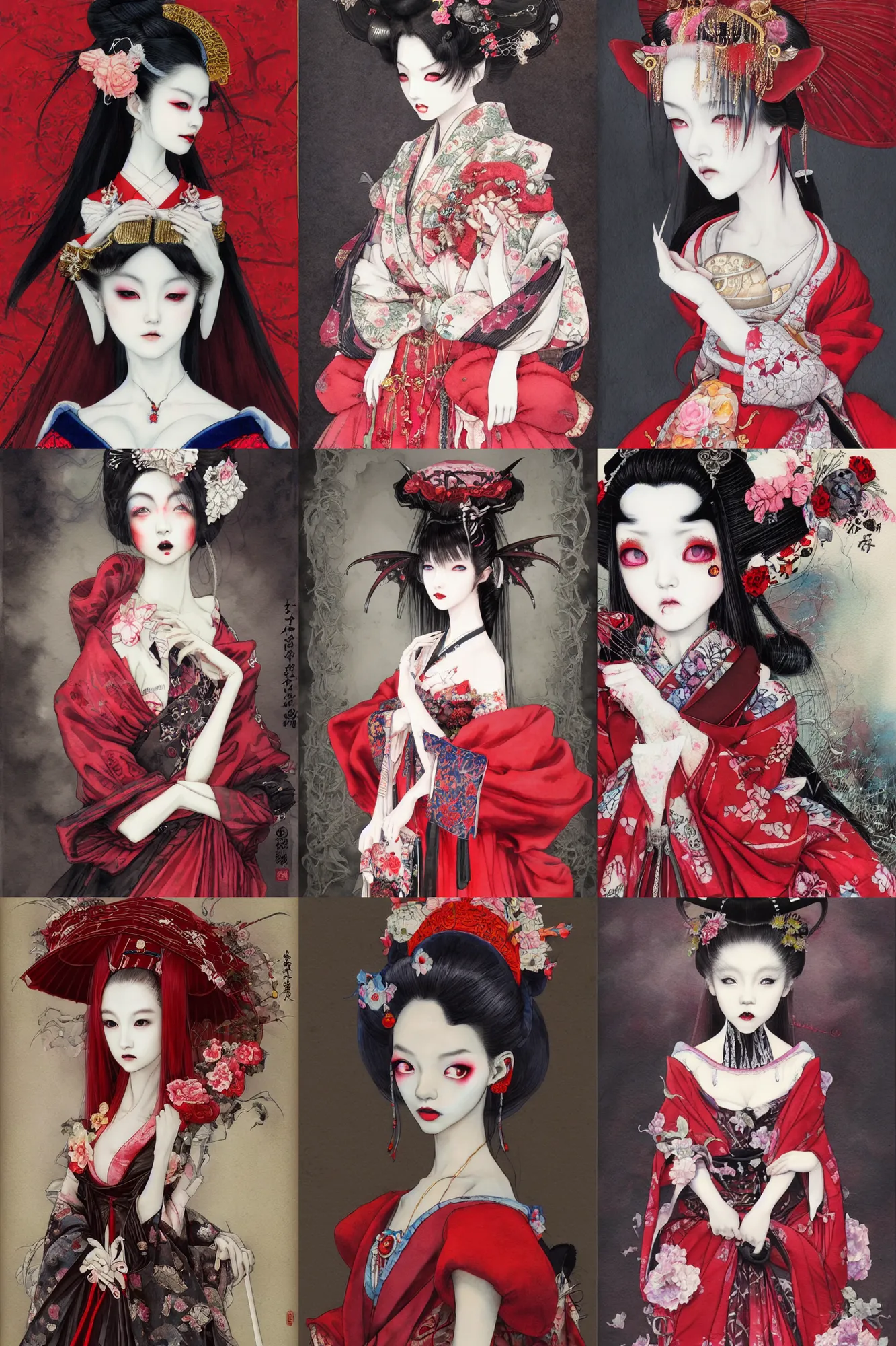 Prompt: watercolor painting of a japanese bjd geisha vampire queen with a long neck in a victorian lolita fashion red dress in the style of dark - fantasy painted by yoshitaka amano, tom bagshaw, ayami kojima, dmt art, symmetrical vogue face portrait, intricate detail, artstation, cgsociety, artgerm, rococo