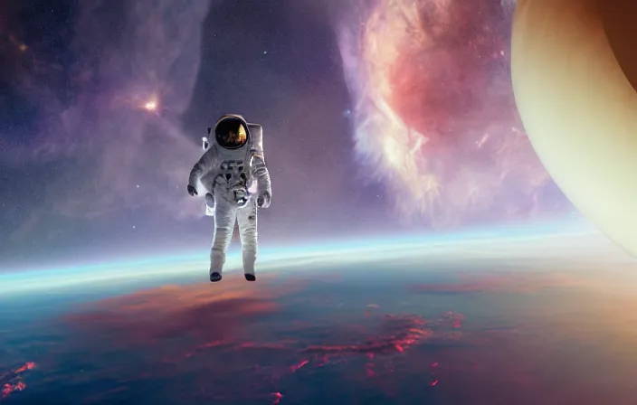 Image similar to an astronaut stuck standing on the Webb telescope in space in surfing position with view of Celestial Cloudscape in the Orion Nebula, octane render