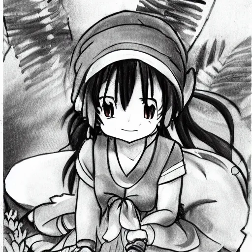 Image similar to a professional anime drawing of reimu in the jungle wearing bonnet