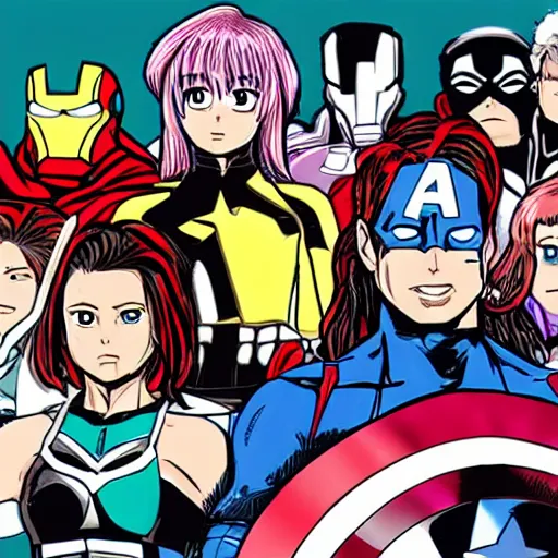 Image similar to the avengers in the style of yuyuko takemiya and gen urobuchi