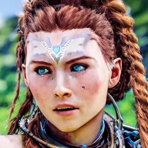 Prompt: aloy of horizon zero dawn in real life , photorealistic , detailed