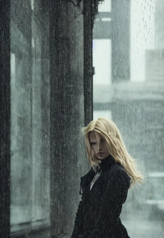 Image similar to cosmopolitan model annie leonhart posing in dunwall city, beautiful face, detailed face, realistic eyes, cinematic lighting, rainy weather, melancholy atmosphere, volumetric light, gothic architecture, realistic reflections, model agency, instagram photo, depression atmosphere, shot on sony a 7