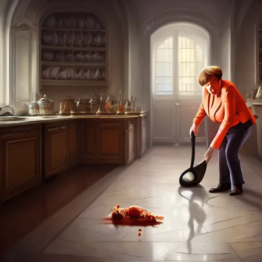 Prompt: Angela merkel wipes the kitchen floor. Detailed digital art by greg rutkowski, Thomas kinkade, Keith Parkinson, artstation, cgsociety, deviantart, 8k, HD