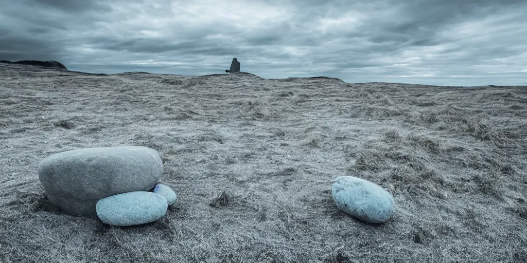 Prompt: a breathtaking surreal render of windswept dunes scandinavian landscape, a withered ancient altar + stone in center in focus, blue tint, ultra wide shot, cinematic, 8 k, photorealistic, dramatic lighting