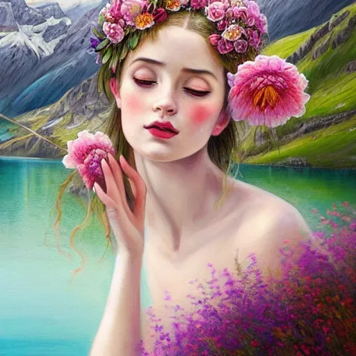 Prompt: a painting of a young woman with flowers in her hair, she's dancing in front of a beautiful lake in switzerland, mountains on the background, high quality oil painting artstyle, feminine, delicate, hyperdetailed, in the style of anna dittmann, deviantart, figurative art, deviantart, ilya kuvshinov, lovecraftian, very detailed face, portrait