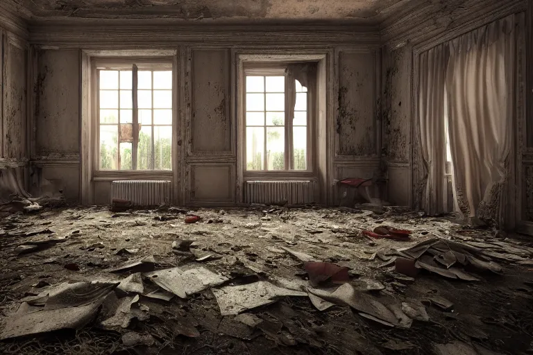 Image similar to ruined, abandoned polish mansion bedroom, seen from inside. Diffused, red light falls through the broken windows. Dirt, leaves on ground. Unreal Engine. Substance painter. Zbrush. Trending on artstation. 8K. Highly detailed.