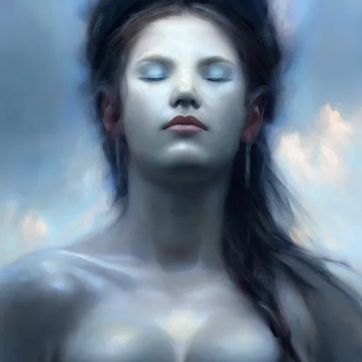 Prompt: a painting of a cloud goddess with blank eyes, a hyperrealistic painting by Raymond Swanland, Clouds in the background, featured on cgsociety, fantasy art, daz3d, artstation hd, hyper-realistic