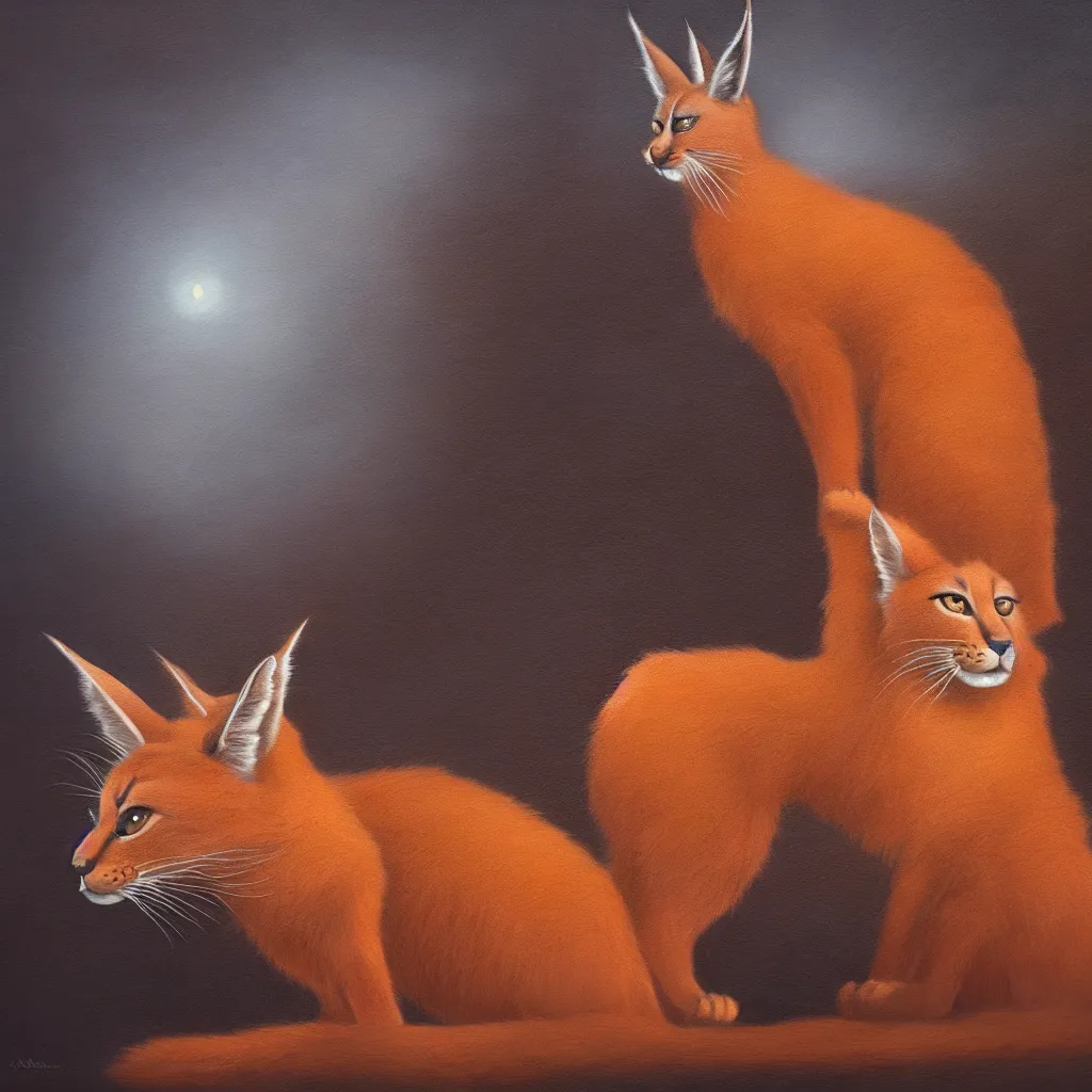 Image similar to many cute fluffy caracals, fire, epic, fantasy setting, dark environment, serene colors, soft lighting, atmospheric, cinematic, moody, in the style of diego koi, gina heyer, luiz escanuela, art by alyssa monk, hyperrealism, rule of thirds, golden ratio, oil on canvas, 8 k