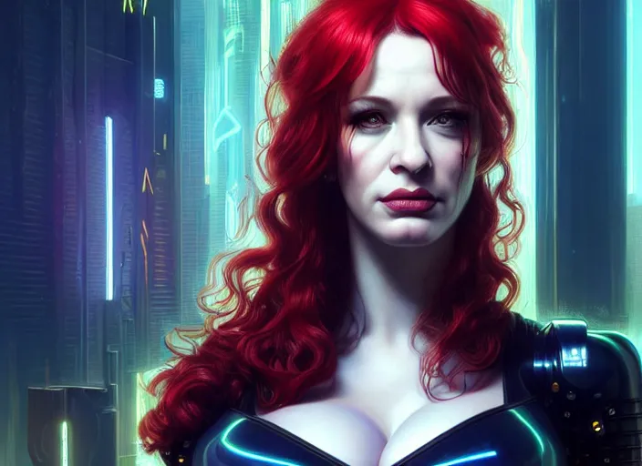 Image similar to portrait shot of a christina hendricks in cyberpunk 2 0 7 7, intricate, elegant, highly detailed, centered, digital painting, artstation, concept art, smooth, sharp focus, illustration, artgerm, tomasz alen kopera, peter mohrbacher, donato giancola, joseph christian leyendecker, wlop, boris vallejo