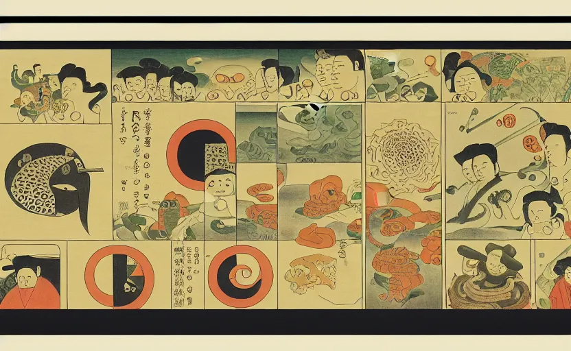 Image similar to business dashboard with time series charts, pie plots and other modern graphics, with small creatures with many eyes. diego rivera ( with slight ukiyo - e influence ). ravi supa.