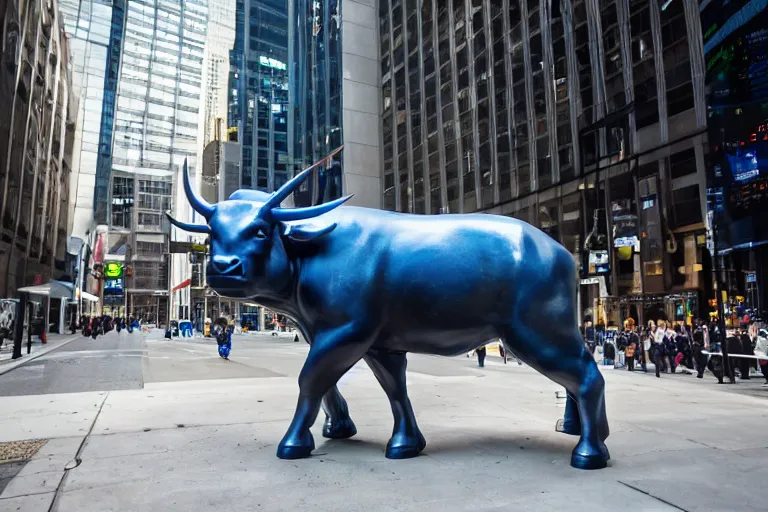 Image similar to cyber bull of Wallstreet (designed by Apple), XF IQ4, 150MP, 50mm, f/1.4, ISO 200, 1/160s, natural light, Adobe Photoshop, Adobe Lightroom, DxO Photolab, Corel PaintShop Pro, rule of thirds, symmetrical balance, depth layering, polarizing filter, Sense of Depth, AI enhanced